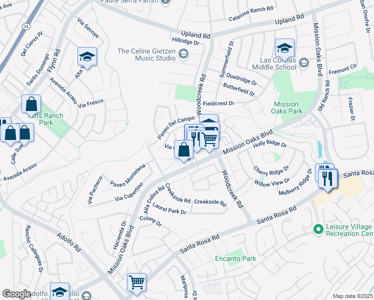 map of restaurants, bars, coffee shops, grocery stores, and more near 1112 Via Carranza in Camarillo
