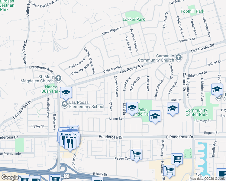 map of restaurants, bars, coffee shops, grocery stores, and more near 1091 Jay Avenue in Camarillo