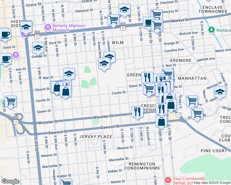 map of restaurants, bars, coffee shops, grocery stores, and more near in Wilmington