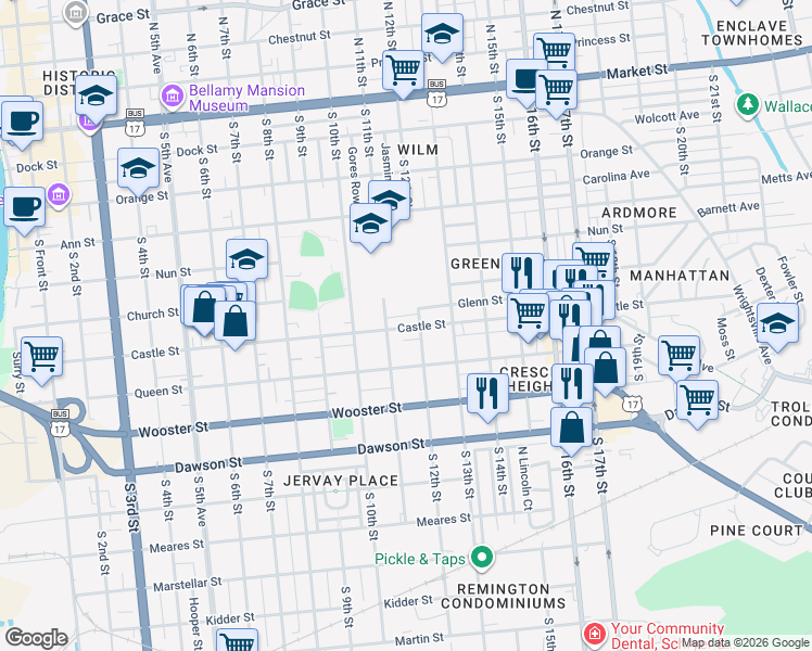 map of restaurants, bars, coffee shops, grocery stores, and more near in Wilmington