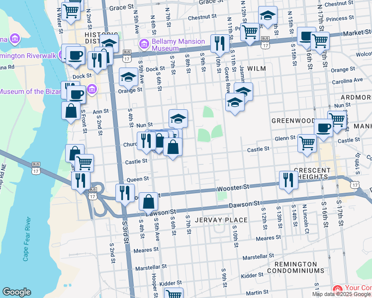 map of restaurants, bars, coffee shops, grocery stores, and more near 617 Castle Street in Wilmington