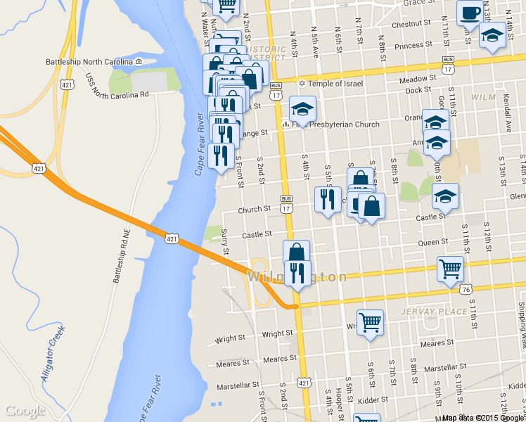 map of restaurants, bars, coffee shops, grocery stores, and more near 511 South Front Street in Wilmington