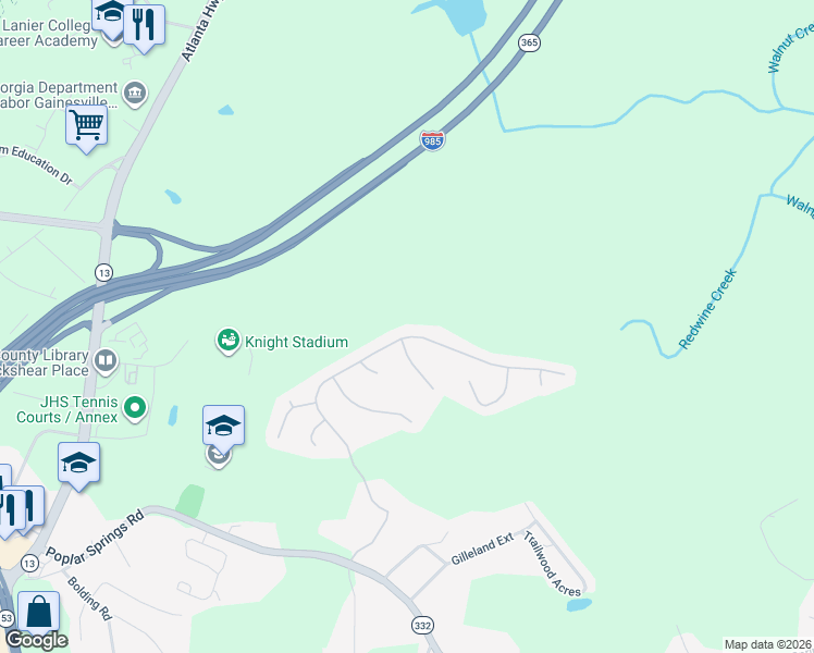 map of restaurants, bars, coffee shops, grocery stores, and more near 4005 Amberleigh Trace in Gainesville