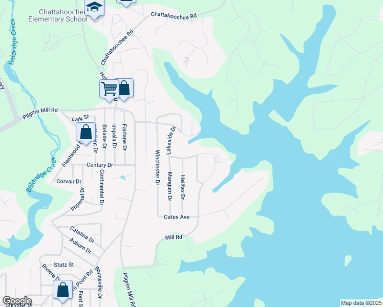 map of restaurants, bars, coffee shops, grocery stores, and more near 3125 Lakeside Drive in Cumming