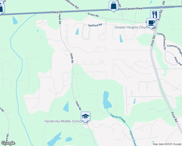 map of restaurants, bars, coffee shops, grocery stores, and more near 4716 Hyde Road in Cumming