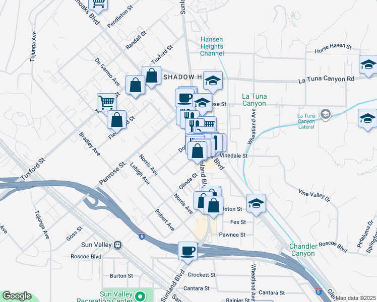 map of restaurants, bars, coffee shops, grocery stores, and more near 10888 Dora Street in Los Angeles