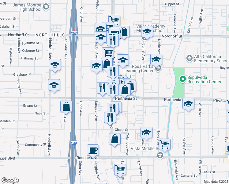 map of restaurants, bars, coffee shops, grocery stores, and more near 15343 Parthenia Street in Los Angeles