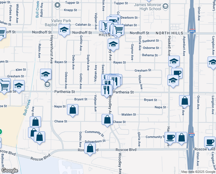 map of restaurants, bars, coffee shops, grocery stores, and more near 8719 Woodley Avenue in Los Angeles