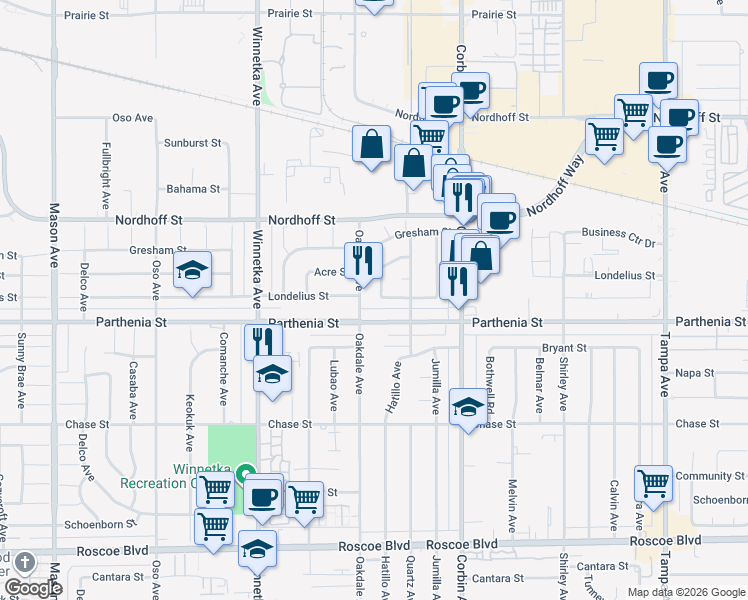 map of restaurants, bars, coffee shops, grocery stores, and more near 19841 Parthenia Street in Los Angeles