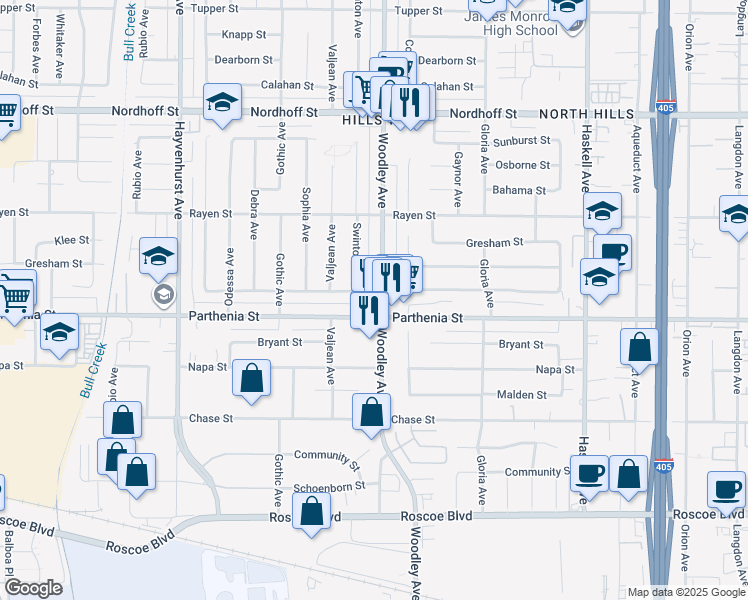 map of restaurants, bars, coffee shops, grocery stores, and more near 8719 Woodley Avenue in Los Angeles