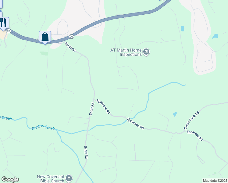 map of restaurants, bars, coffee shops, grocery stores, and more near 345 Evie Lane in Canton