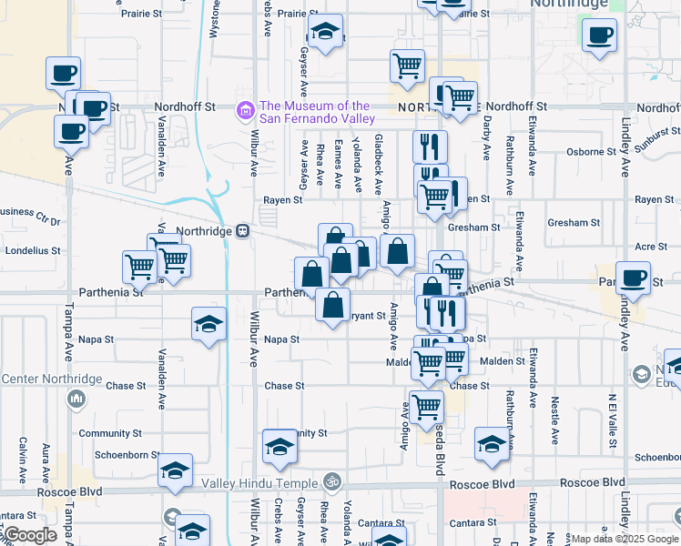 map of restaurants, bars, coffee shops, grocery stores, and more near 18701 Parthenia St in Los Angeles
