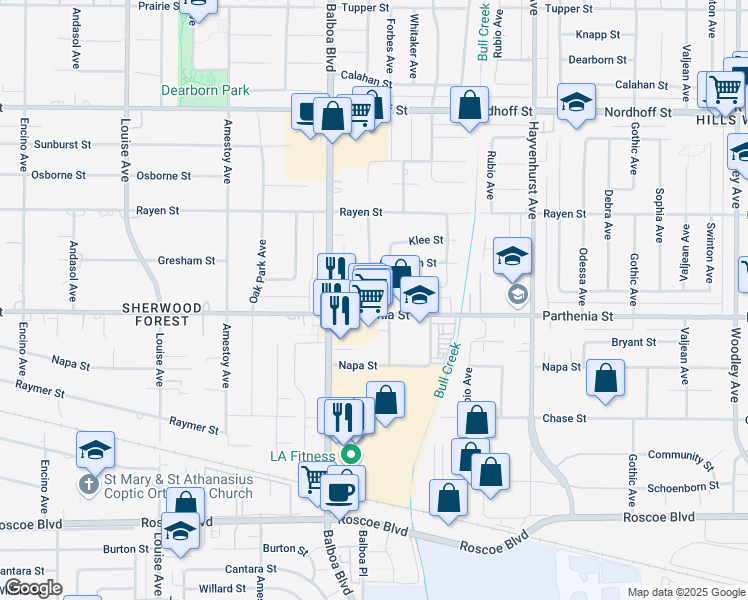 map of restaurants, bars, coffee shops, grocery stores, and more near 16900 Parthenia Street in Los Angeles