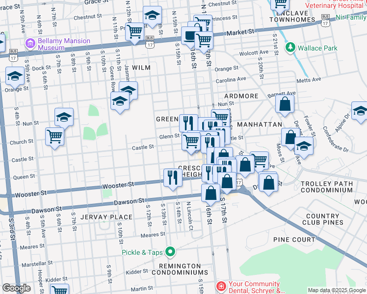 map of restaurants, bars, coffee shops, grocery stores, and more near 610 South 15th Street in Wilmington