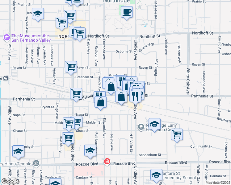 map of restaurants, bars, coffee shops, grocery stores, and more near 18214 Parthenia Street in Los Angeles