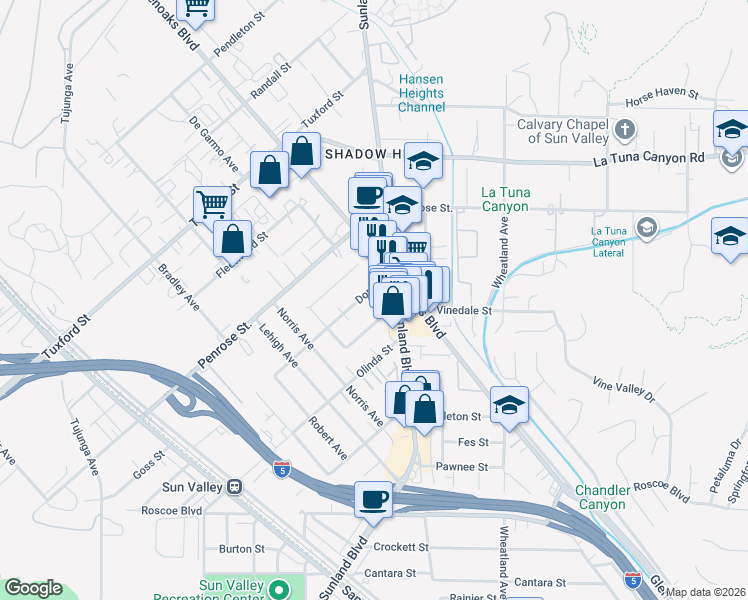 map of restaurants, bars, coffee shops, grocery stores, and more near 10888 Dora Street in Los Angeles