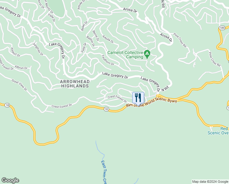 map of restaurants, bars, coffee shops, grocery stores, and more near Scenic View Drive in Crestline
