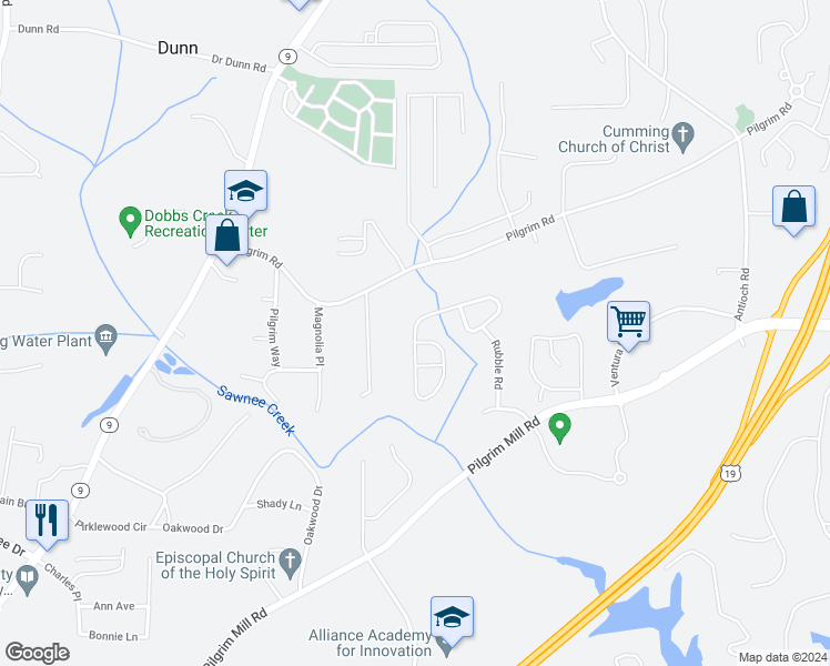 map of restaurants, bars, coffee shops, grocery stores, and more near 1544 Brookmere Way in Cumming