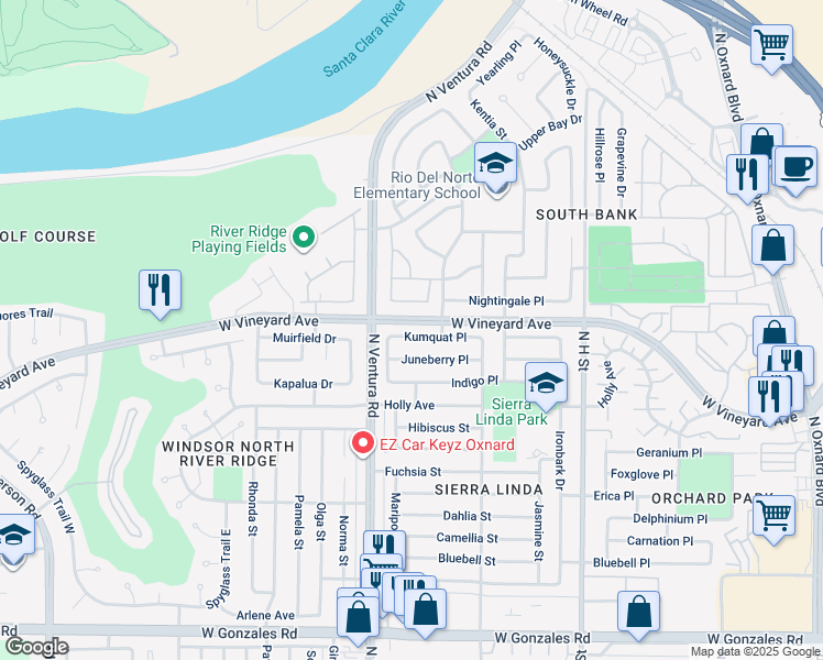 map of restaurants, bars, coffee shops, grocery stores, and more near 1351 Kumquat Place in Oxnard