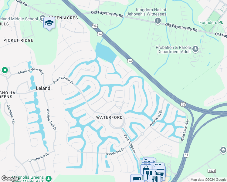 map of restaurants, bars, coffee shops, grocery stores, and more near 1133 Sandy Beach Circle in Leland