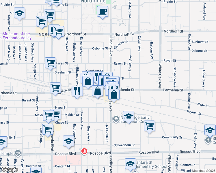 map of restaurants, bars, coffee shops, grocery stores, and more near 18122 Parthenia Street in Los Angeles