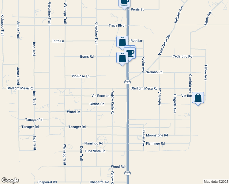 map of restaurants, bars, coffee shops, grocery stores, and more near 56006 Vin Rose Lane in Yucca Valley