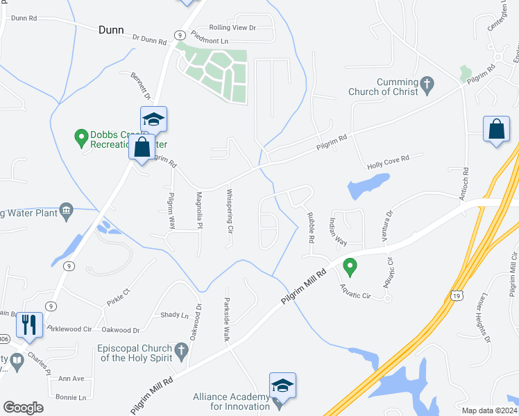 map of restaurants, bars, coffee shops, grocery stores, and more near 1530 Brookmere Way in Cumming