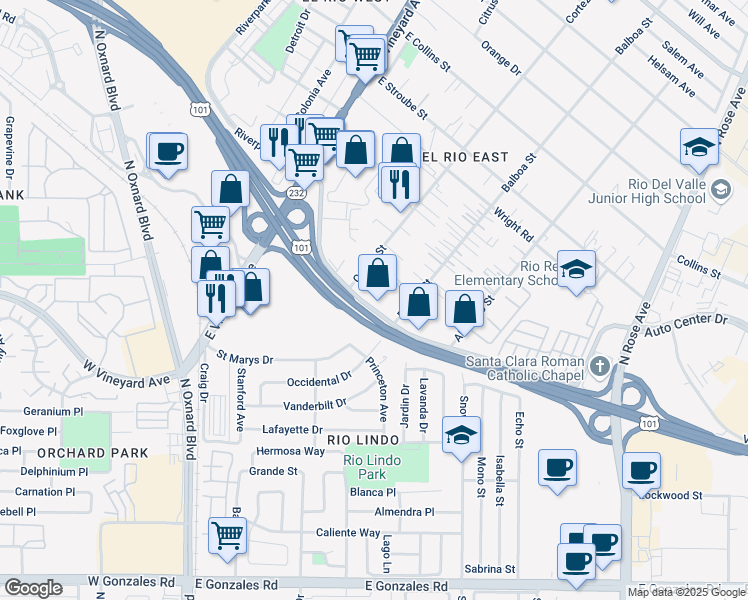 map of restaurants, bars, coffee shops, grocery stores, and more near 567 Ventura Boulevard in Oxnard