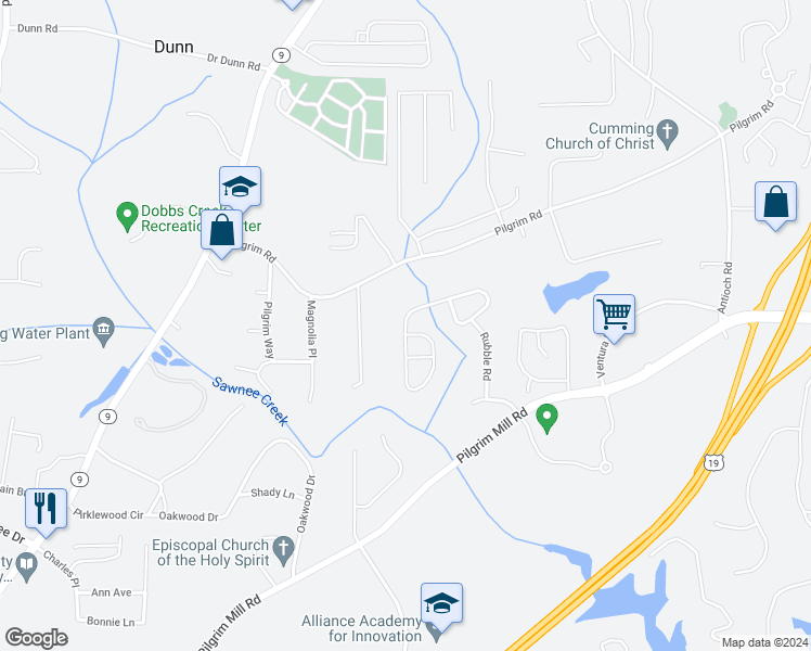 map of restaurants, bars, coffee shops, grocery stores, and more near 1524 Brookmere Way in Cumming