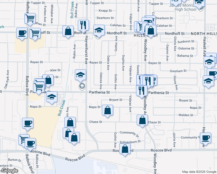 map of restaurants, bars, coffee shops, grocery stores, and more near 16428 Londelius Street in Los Angeles