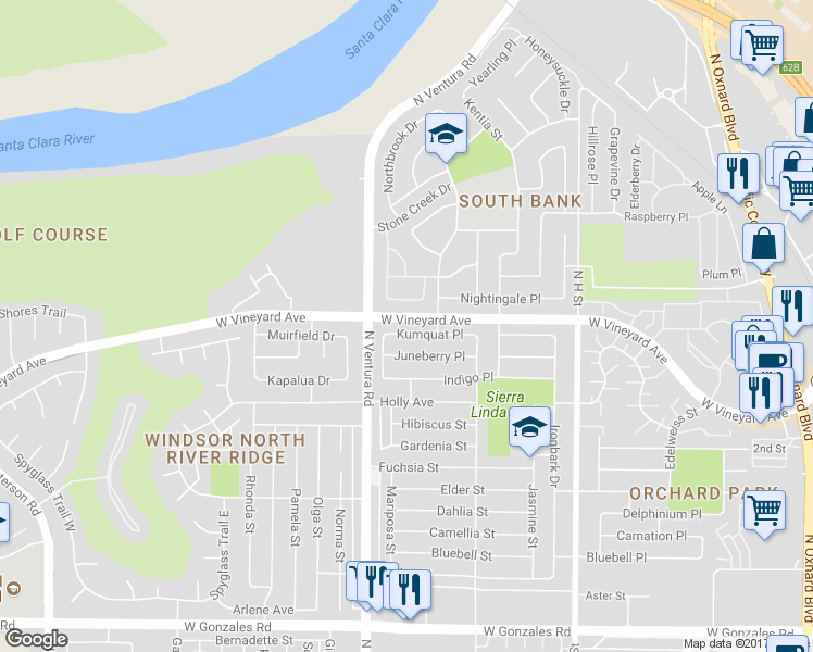 map of restaurants, bars, coffee shops, grocery stores, and more near 1351 Kumquat Place in Oxnard