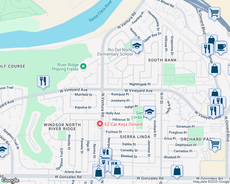 map of restaurants, bars, coffee shops, grocery stores, and more near 1341 Kumquat Place in Oxnard