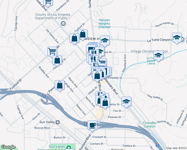 map of restaurants, bars, coffee shops, grocery stores, and more near 10882 Dora Street in Los Angeles