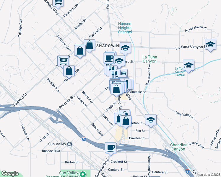 map of restaurants, bars, coffee shops, grocery stores, and more near 10888 Dora Street in Los Angeles