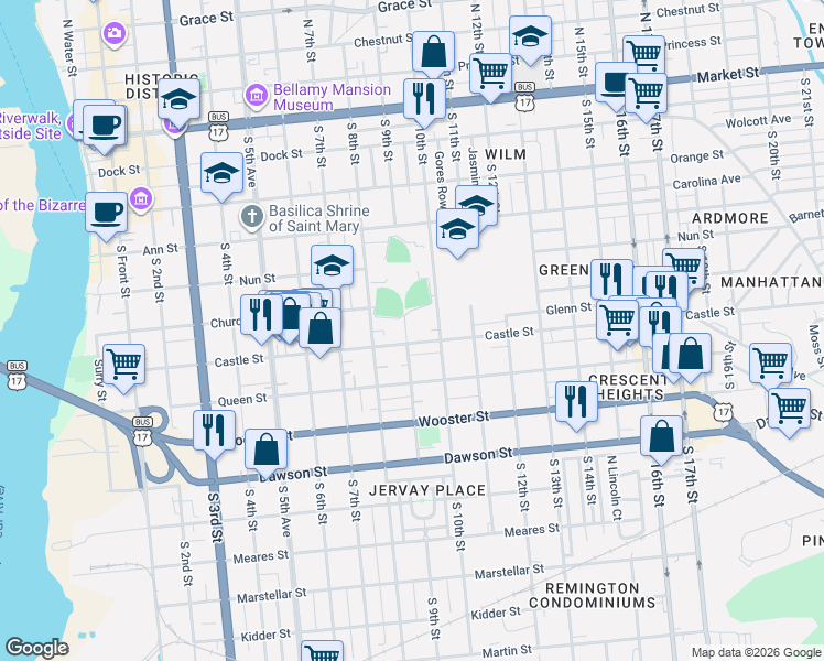 map of restaurants, bars, coffee shops, grocery stores, and more near 902 Castle Street in Wilmington
