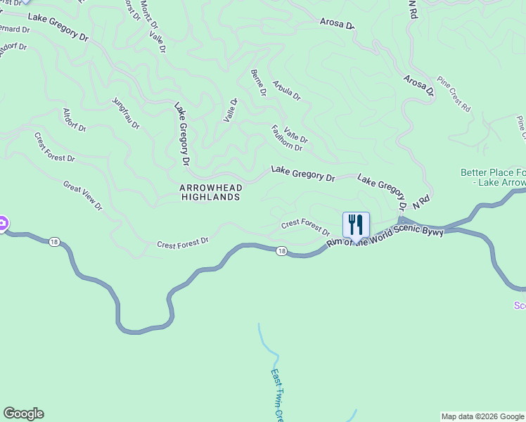 map of restaurants, bars, coffee shops, grocery stores, and more near 24918 Huston Drive in Crestline