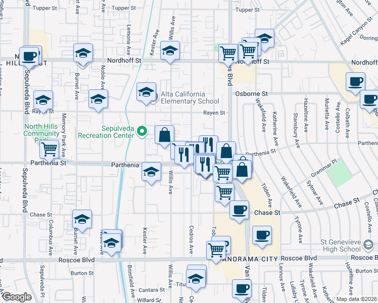 map of restaurants, bars, coffee shops, grocery stores, and more near 8729 Cedros Avenue in Los Angeles