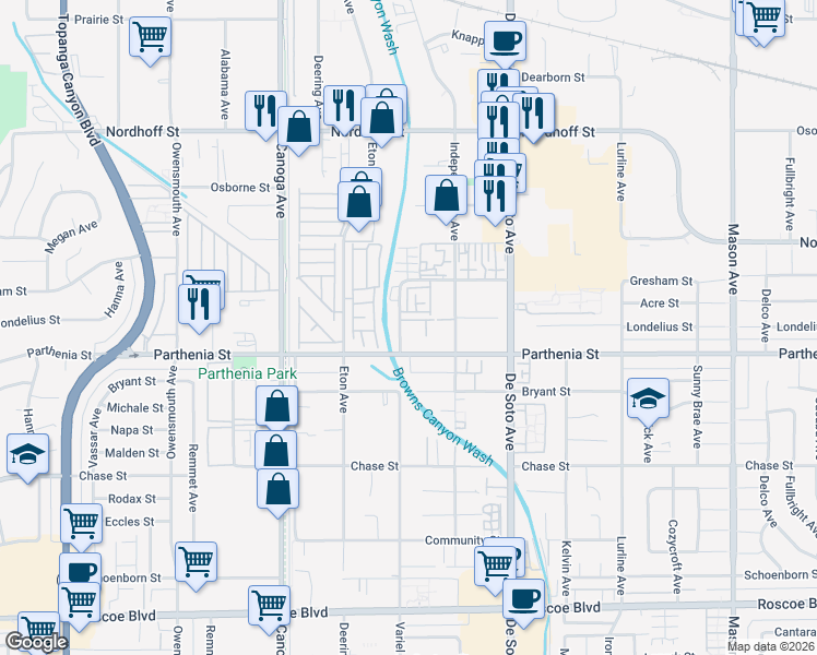 map of restaurants, bars, coffee shops, grocery stores, and more near 21041 Parthenia Street in Los Angeles