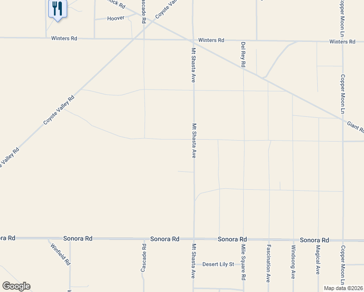 map of restaurants, bars, coffee shops, grocery stores, and more near 1381 Mount Shasta Avenue in Joshua Tree