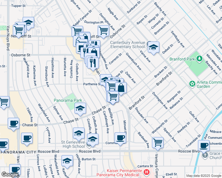 map of restaurants, bars, coffee shops, grocery stores, and more near 8725 Woodman Avenue in Los Angeles