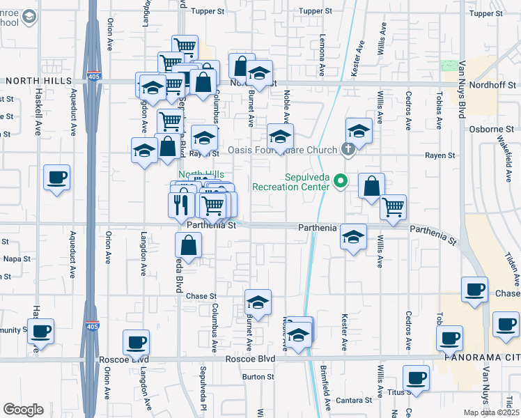 map of restaurants, bars, coffee shops, grocery stores, and more near 15115 Parthenia Street in Los Angeles