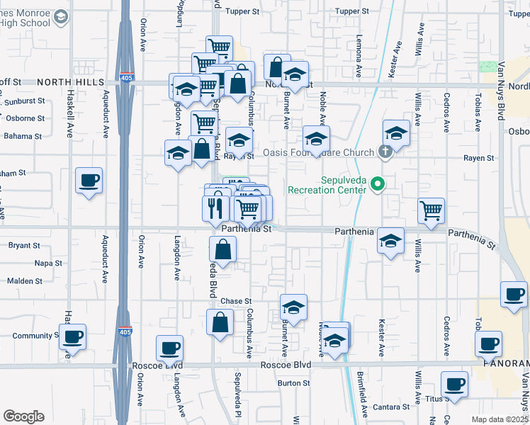map of restaurants, bars, coffee shops, grocery stores, and more near 8644 Parthenia Place in Los Angeles