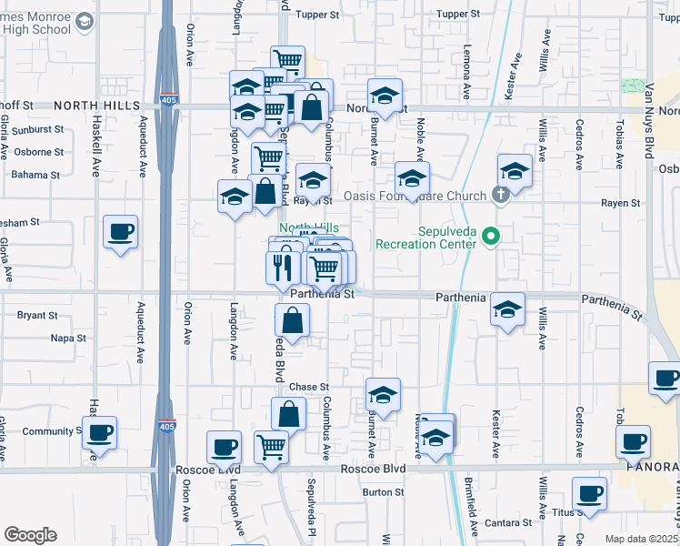 map of restaurants, bars, coffee shops, grocery stores, and more near 15307 Parthenia Street in Los Angeles