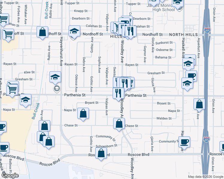map of restaurants, bars, coffee shops, grocery stores, and more near 16239 Parthenia Street in Los Angeles