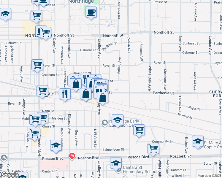map of restaurants, bars, coffee shops, grocery stores, and more near 18000 Parthenia Street in Los Angeles