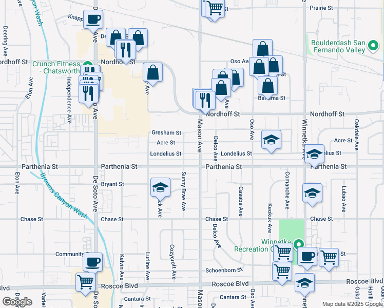 map of restaurants, bars, coffee shops, grocery stores, and more near 20533 Parthenia Street in Los Angeles