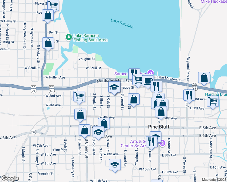 map of restaurants, bars, coffee shops, grocery stores, and more near 708 West 2nd Avenue in Pine Bluff
