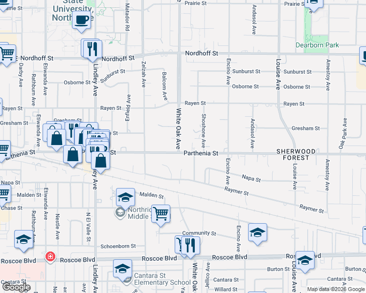 map of restaurants, bars, coffee shops, grocery stores, and more near 17647 Parthenia Street in Los Angeles