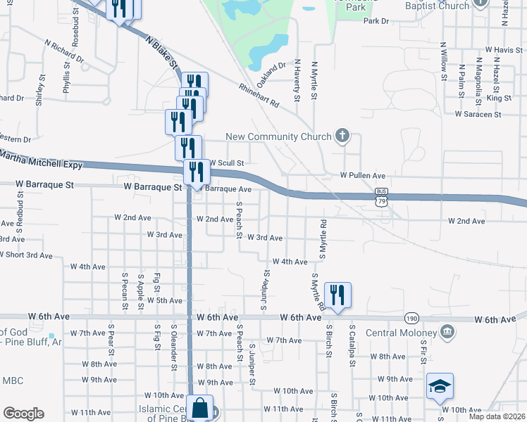 map of restaurants, bars, coffee shops, grocery stores, and more near 223 South Juniper Street in Pine Bluff