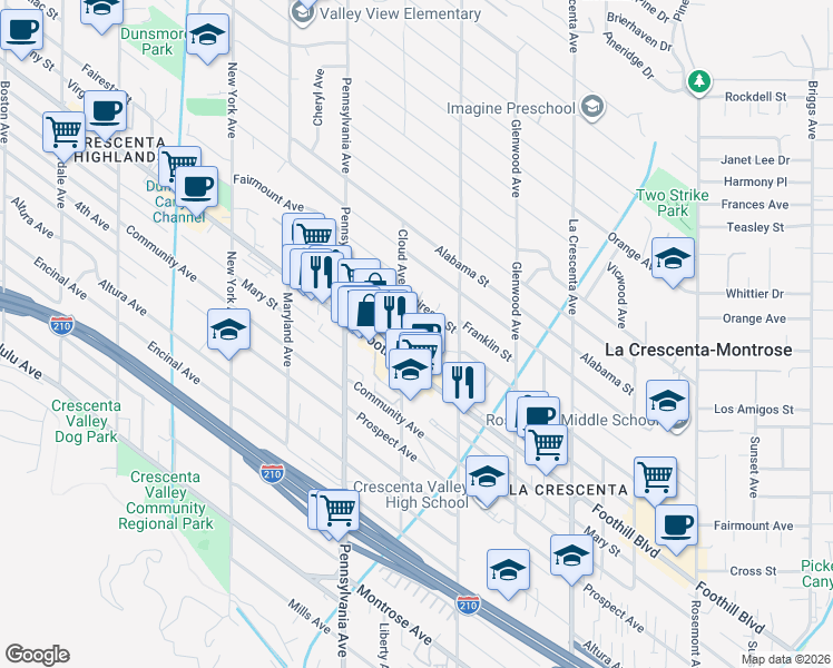 map of restaurants, bars, coffee shops, grocery stores, and more near 3075 Foothill Boulevard in La Crescenta-Montrose